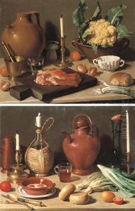 Meat On A Chopping-board, A Mortar, A Glass Of Water, An Earthenware Pitcher, A Candlestick... (+ Fried Eggs In An Earthenware Bowl...; Pair)