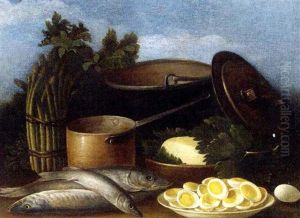 Copper Pots, Fish, Asparagus, Herbs And A Dish Of Sliced Boiled Eggs On A Table