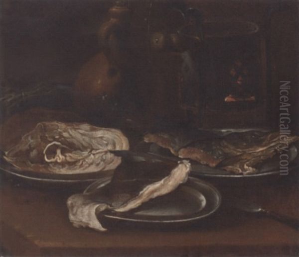 Three Pewter Plates With Fish, An Earthenware Jug, A Bunch Of Asparagus And A Warming Plate - view 1