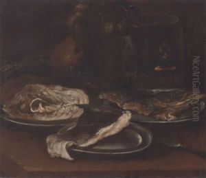 Three Pewter Plates With Fish, An Earthenware Jug, A Bunch Of Asparagus And A Warming Plate by Carlo Magini
