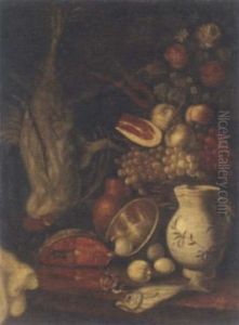 A Basket Of Fruit, Salmon, Eggs And An Earthenware Jug On A Partly-draped Table With A Cockerel Suspended Behind