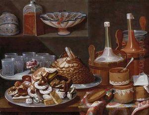 Cakes, Bread, Fruit, A Rose, Savoiardi Biscuits And Glasses On Pewter Plates With Bottles In Pails And Decorated Boxes On A Table, Porcelain Cups And Bowls With A Glass Jar On A Ledge by Carlo Magini