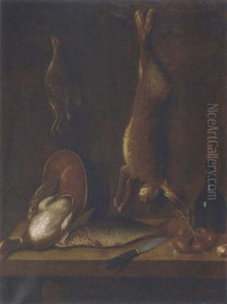 A Dead Hare And A Woodcock Hanging On A Wall, With A Duck, A Trout, Onions, Garlic, A Bottle Of Wine, A Copper Pot And A Knife On A Wooden Table - view 1