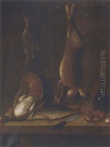 A Dead Hare And A Woodcock Hanging On A Wall, With A Duck, A Trout, Onions, Garlic, A Bottle Of Wine, A Copper Pot And A Knife On A Wooden Table