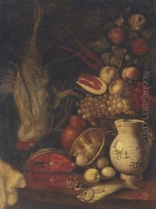 A Basket Of Fruit, Salmon, Eggs, An Earthenware Jug On A Partly-draped Table With A Cockerel Suspended Behind
