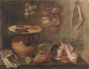 A Sheep's Head, Lemon, Bottle And An Earthenware Jar Covered By A Dish With Animal Lights, With Fennel On A Table Top