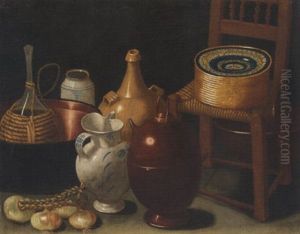 A Still Life With A String Of Onions, Pile Of Plates On A Chair, Jugs, And Other Cooking Utensils by Carlo Magini
