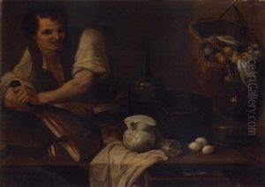 A Kitchen Interior With A Serving Boy Slicing Prosciutto, A Basket Of Vegetables Hanging From The Wall, Bread, And Other Objects by Carlo Magini