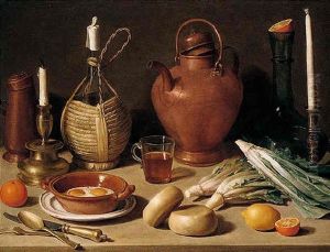 A Still Life Of Eggs In A Terracotta Pot, Gilt Candlesticks, A Wine-casket, A Copper Pot, A Glass Vase, Cutlery And Cheese by Carlo Magini