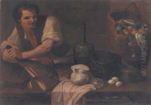 A Kitchen Interior With A Serving Boy Slicing Prosciutto, A Basket Of Vegetables Hanging From The Wall by Carlo Magini