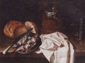 Still Life Of Herring On A Pewter Dish, A Knife, Bread, A Stoneware Tankard, A Glass And A Cloth, All Upon A Table Top by Carlo Magini