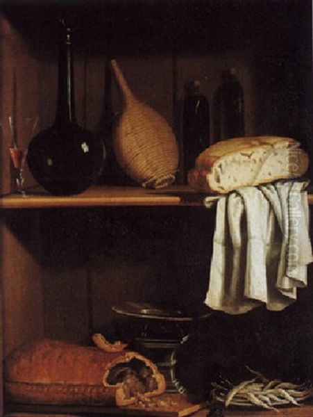 Nature Morte En Trompe De L'oeil A La Miche De Pain, Verre Et Carafe De Vin Et Pieces D'orfeverie Sur Des Etageres - view 1