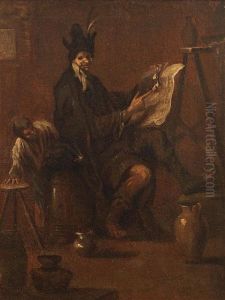Interior With A Figure Seated On A Barrel