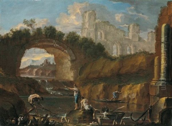 A River Landscape With Fishermen Among Ruins - view 1