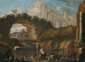 A River Landscape With Fishermen Among Ruins