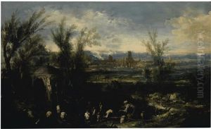 Extensive Landscape With Figures Before A Shrine by Alessandro Magnasco
