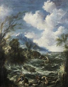 Figures Working At The Shore Of A Rough Sea Landscape by Alessandro Magnasco