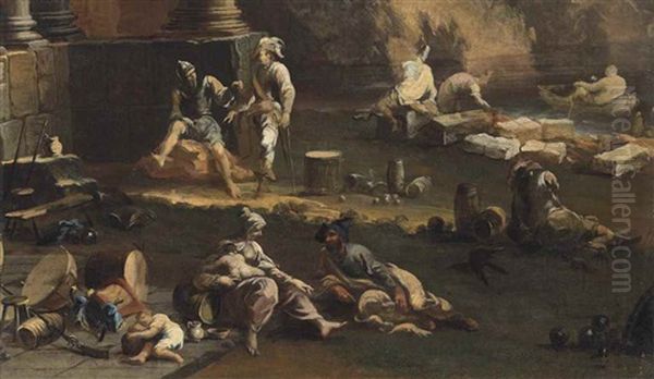 Figures Resting By Classical Ruins Near The Shore - A Fragment - view 1