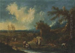 An Extensive Landscape With Anglers And Washerwomen By A Stream, Mountains Beyond by Alessandro Magnasco