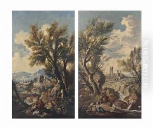 A Wooded River Landscape With Fishermen And Washerwomen, A Village Beyond; And A Wooded River Landscape With Travellers On A Path And Other Figures, A Village Beyond (pair) by Alessandro Magnasco