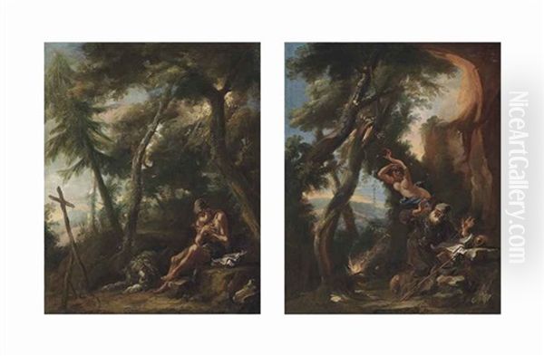 The Penitent Saint Jerome In A Wooded Landscape; The Temptation Of Saint Anthony (pair) - view 1