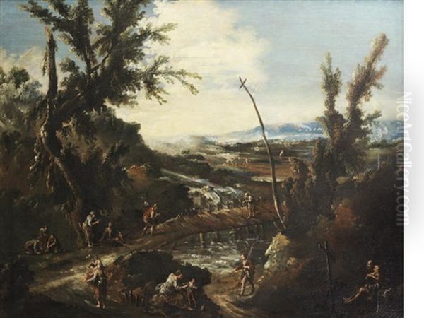 An Extensive Wooded Landscape With A Hermit, Travellers And Other Figures By A River With A Bridge - view 1