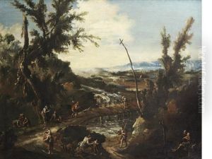 An Extensive Wooded Landscape With A Hermit, Travellers And Other Figures By A River With A Bridge
