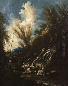 Trois Moines Devant Une Cascade by Alessandro Magnasco