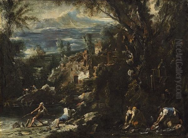 River Landscape With Angler And Laundresses - view 1