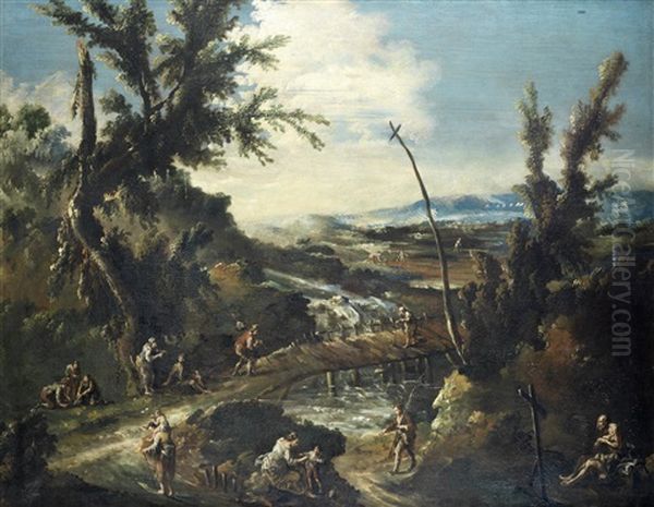 An Extensive Wooded Landscape With A Hermit, Travellers And Other Figures By A River With A Bridge - view 1