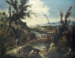 An Extensive Wooded Landscape With A Hermit, Travellers And Other Figures By A River With A Bridge