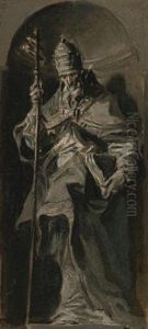 A Papal Saint, Possibly Gregory The Great, Full Length, Standing In A Niche, A Budded Crozier Held In His Right Hand by Alessandro Magnasco