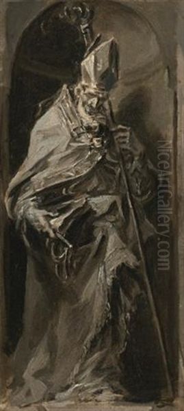 A Bishop Saint, Full Length, Standing In A Niche, A Crozier Held In His Left Hand - view 1