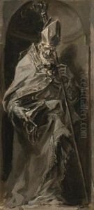 A Bishop Saint, Full Length, Standing In A Niche, A Crozier Held In His Left Hand
