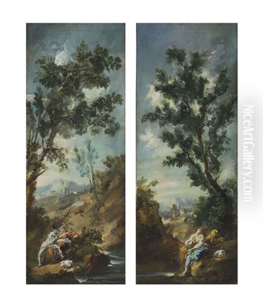 A Landscape With A Couple Embracing By A Stream (+ A Landscape With Ruins And Figures By A Stream; Pair) - view 1