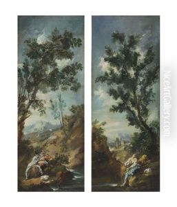 A Landscape With A Couple Embracing By A Stream (+ A Landscape With Ruins And Figures By A Stream; Pair) by Alessandro Magnasco