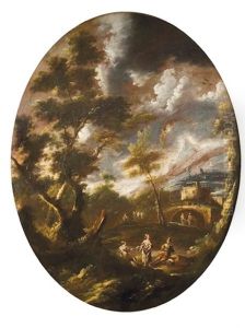 A Landscape With Washerwomen On The Edge Of A River by Alessandro Magnasco