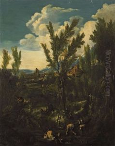 Landschaft Mit Kapuzinermonchen Und Bauern