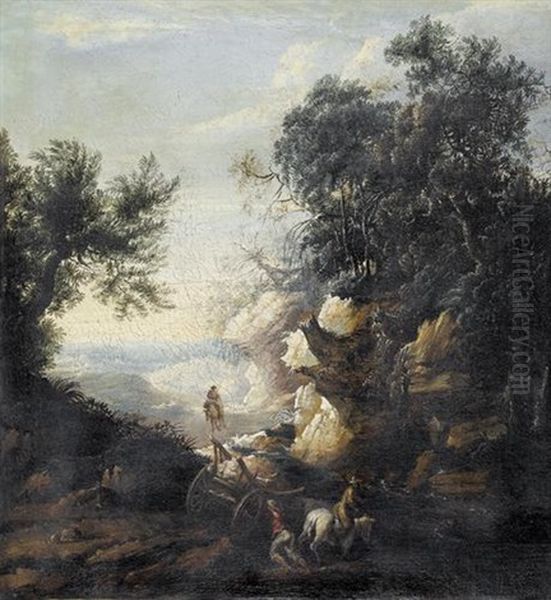 Sudliche Landschaftspartie Mit Karren Und Figurenstaffage - view 1