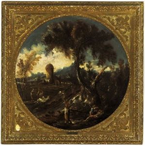 Monaci In Un Paesaggio Tempestoso (+ Figure Presso Un Torrente; Pair)