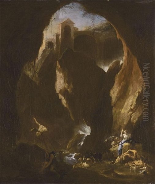 Classical Figures In A Cave Beside A Waterfall (after A Collab. W/philip Peter Roos) - view 1