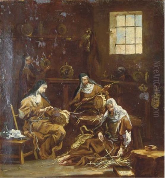 An Interior With Monks Resting By A Fire (+ An Interior With Nuns Spinning; Pair) - view 1