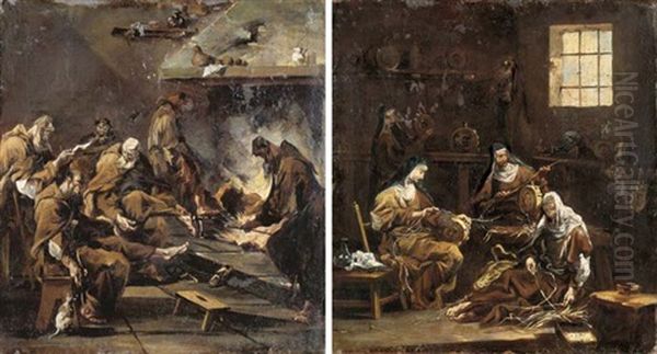 An Interior With Monks Resting By A Fire (+ An Interior With Nuns Spinning; Pair) - view 1