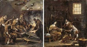 An Interior With Monks Resting By A Fire (+ An Interior With Nuns Spinning; Pair) by Alessandro Magnasco