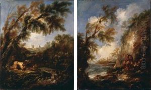 A Wooded Landscape With A Hermit Prostrate Before A Crucifix (+ A Rocky Landscape With A Hermit In Prayer On A Seashore; Pair) by Alessandro Magnasco
