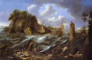 Burrasca Presso Una Costa Mediterranea, Con Due Frati Francescani E Due Astanti, E Le Rovine Di Un Faro by Alessandro Magnasco