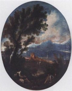 An Italianate Landcape With Travellers, With A Range Of Mountains Beyond by Alessandro Magnasco