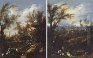 A Rocky Wooded Lamdscape With Washerwomen And Other Figures Near A Stream, A Village Beyond by Alessandro Magnasco