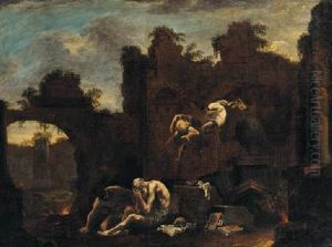 A Capriccio Of Ruins With Saint Anthony Tormented By Demons by Alessandro Magnasco