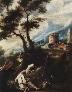 A Landscape With Two Monks Resting Before Some Trees, A Monastery Beyond A Landscape With Two Monks Resting Before Some Trees, A Monastery Beyond